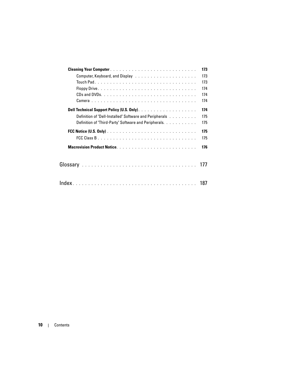 Glossary, 177 index | Dell XPS M1210 (MXC062, Mid 2006) User Manual | Page 10 / 192