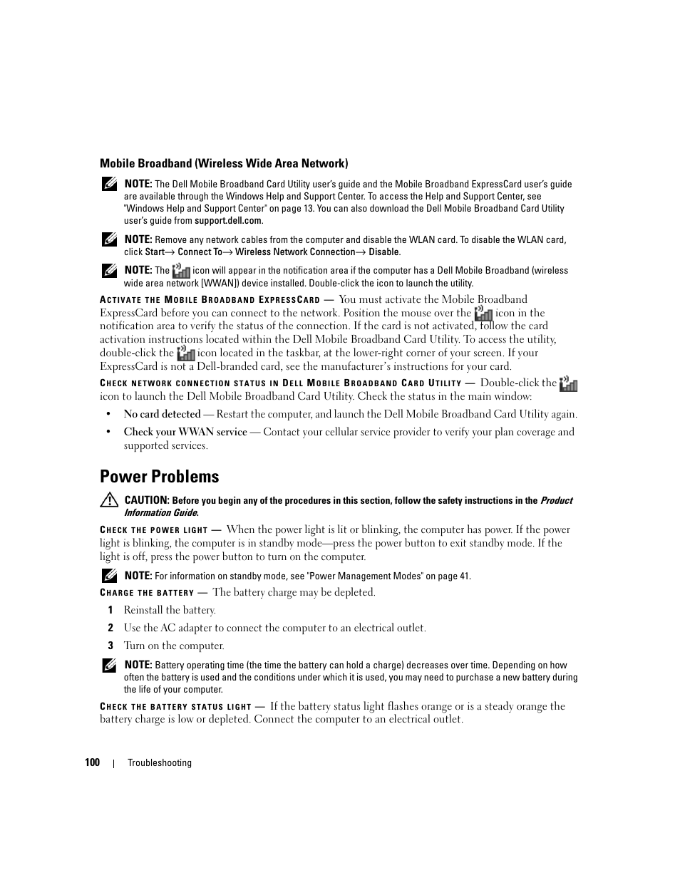 Mobile broadband (wireless wide area network), Power problems | Dell XPS M1210 (MXC062, Mid 2006) User Manual | Page 100 / 192