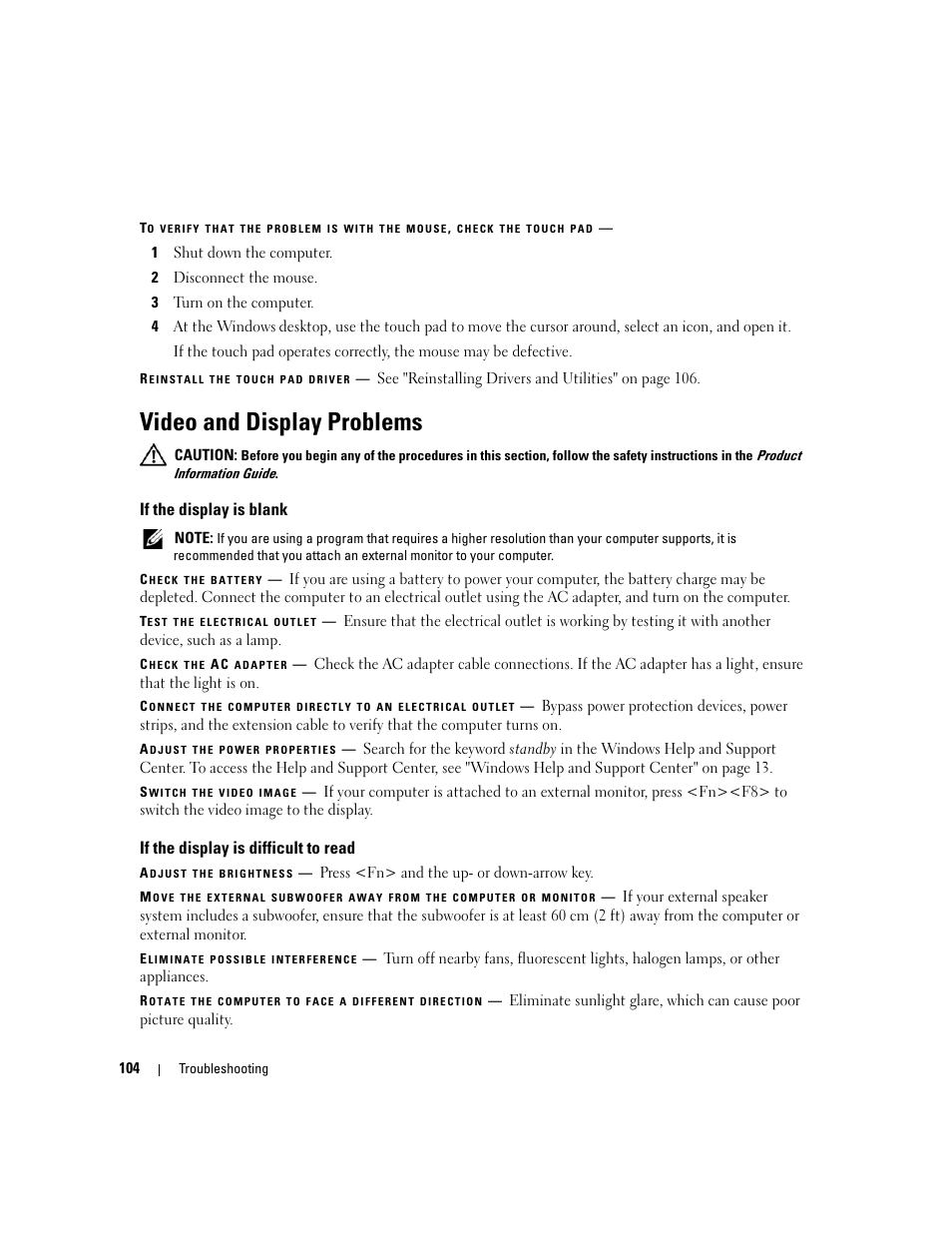 Video and display problems, If the display is blank, If the display is difficult to read | Dell XPS M1210 (MXC062, Mid 2006) User Manual | Page 104 / 192