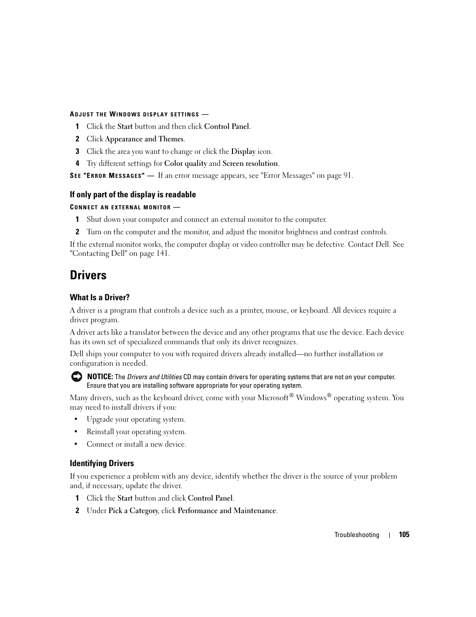 If only part of the display is readable, Drivers, What is a driver | Identifying drivers | Dell XPS M1210 (MXC062, Mid 2006) User Manual | Page 105 / 192