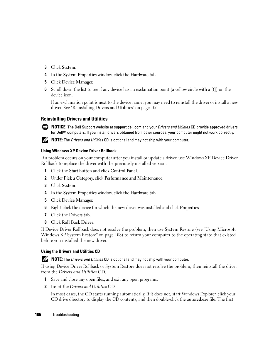 Reinstalling drivers and utilities | Dell XPS M1210 (MXC062, Mid 2006) User Manual | Page 106 / 192