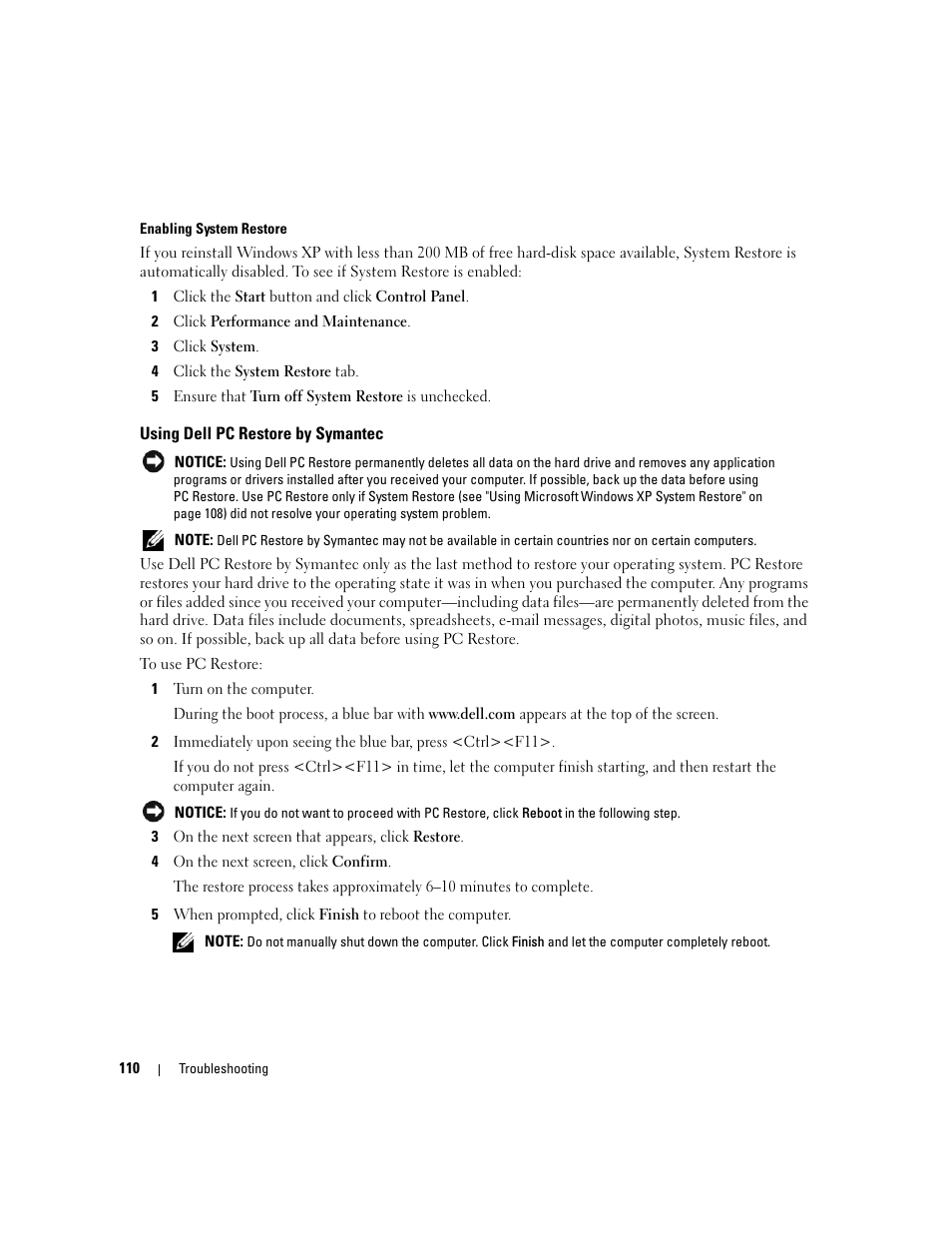 Using dell pc restore by symantec | Dell XPS M1210 (MXC062, Mid 2006) User Manual | Page 110 / 192