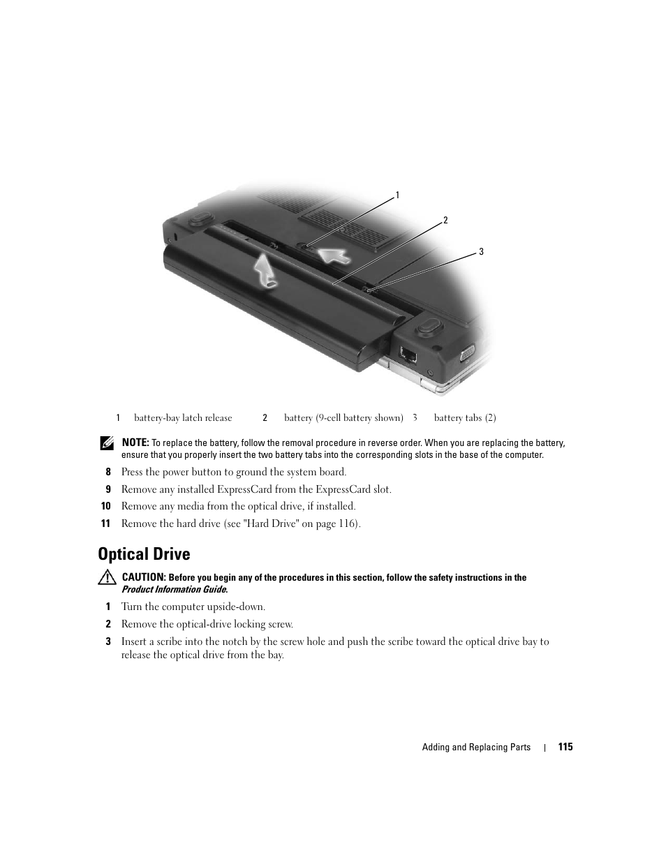 Optical drive, Information, see "optical drive" on | Dell XPS M1210 (MXC062, Mid 2006) User Manual | Page 115 / 192