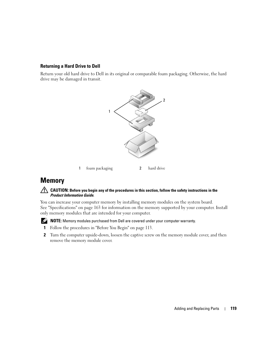 Returning a hard drive to dell, Memory | Dell XPS M1210 (MXC062, Mid 2006) User Manual | Page 119 / 192