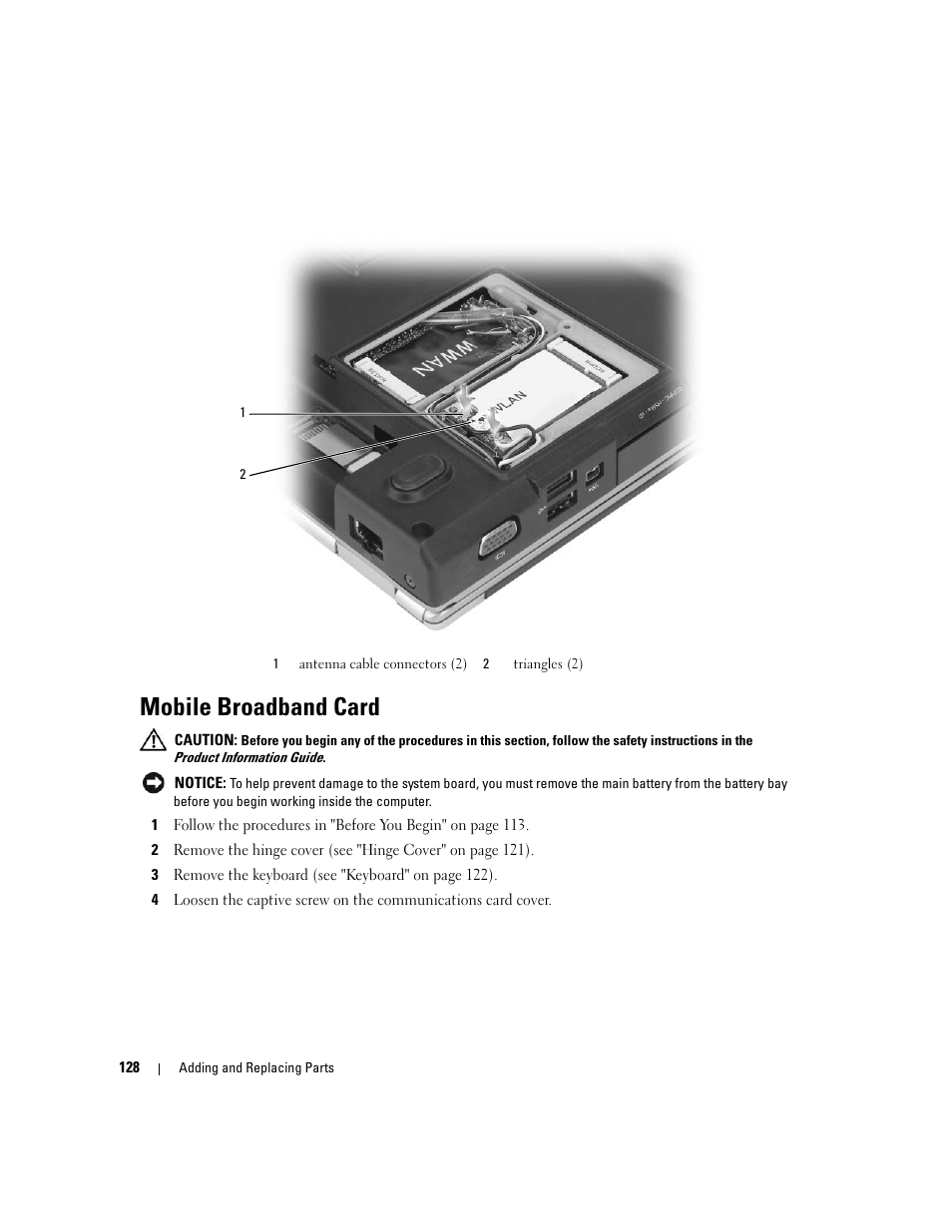 Mobile broadband card | Dell XPS M1210 (MXC062, Mid 2006) User Manual | Page 128 / 192