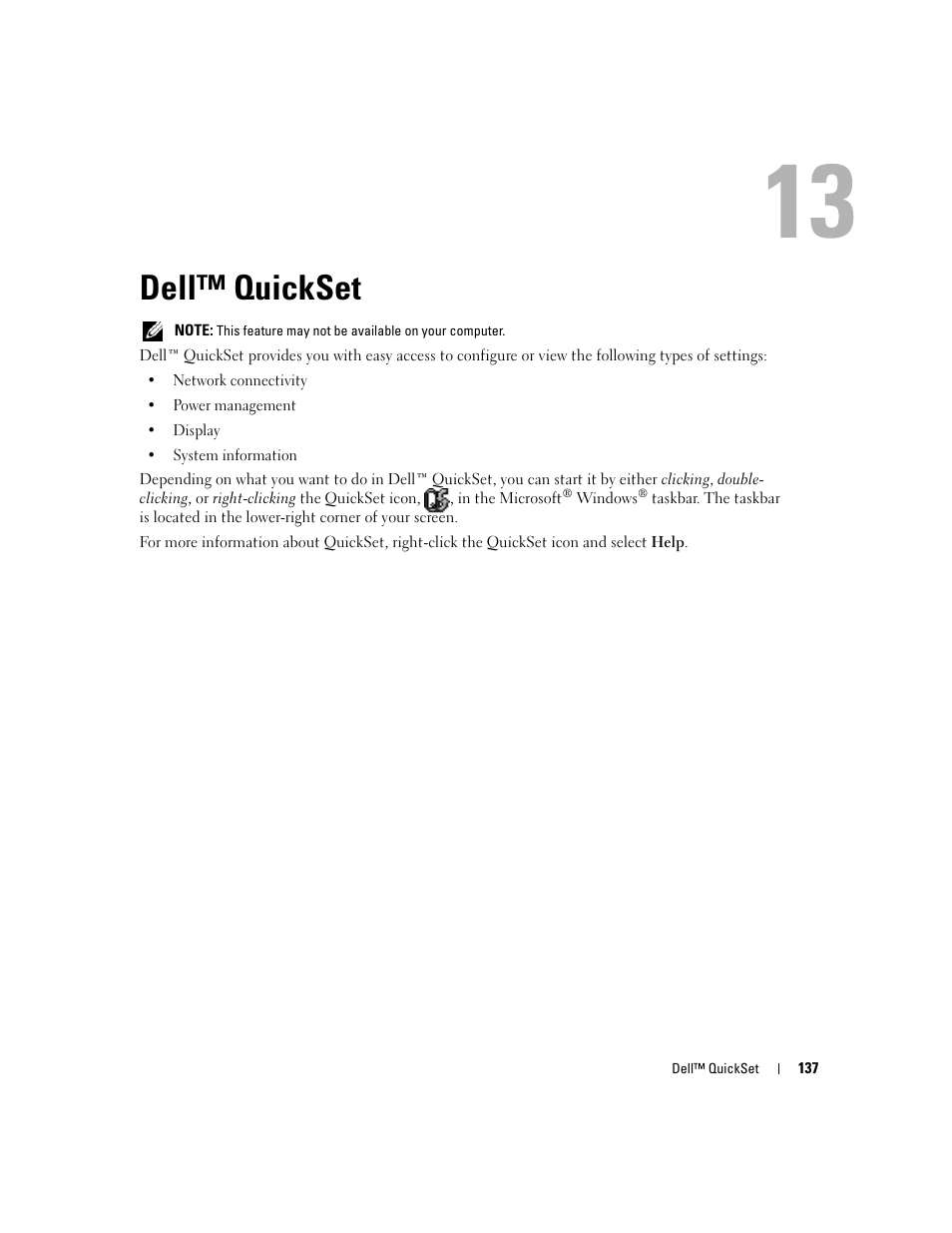 Dell™ quickset | Dell XPS M1210 (MXC062, Mid 2006) User Manual | Page 137 / 192