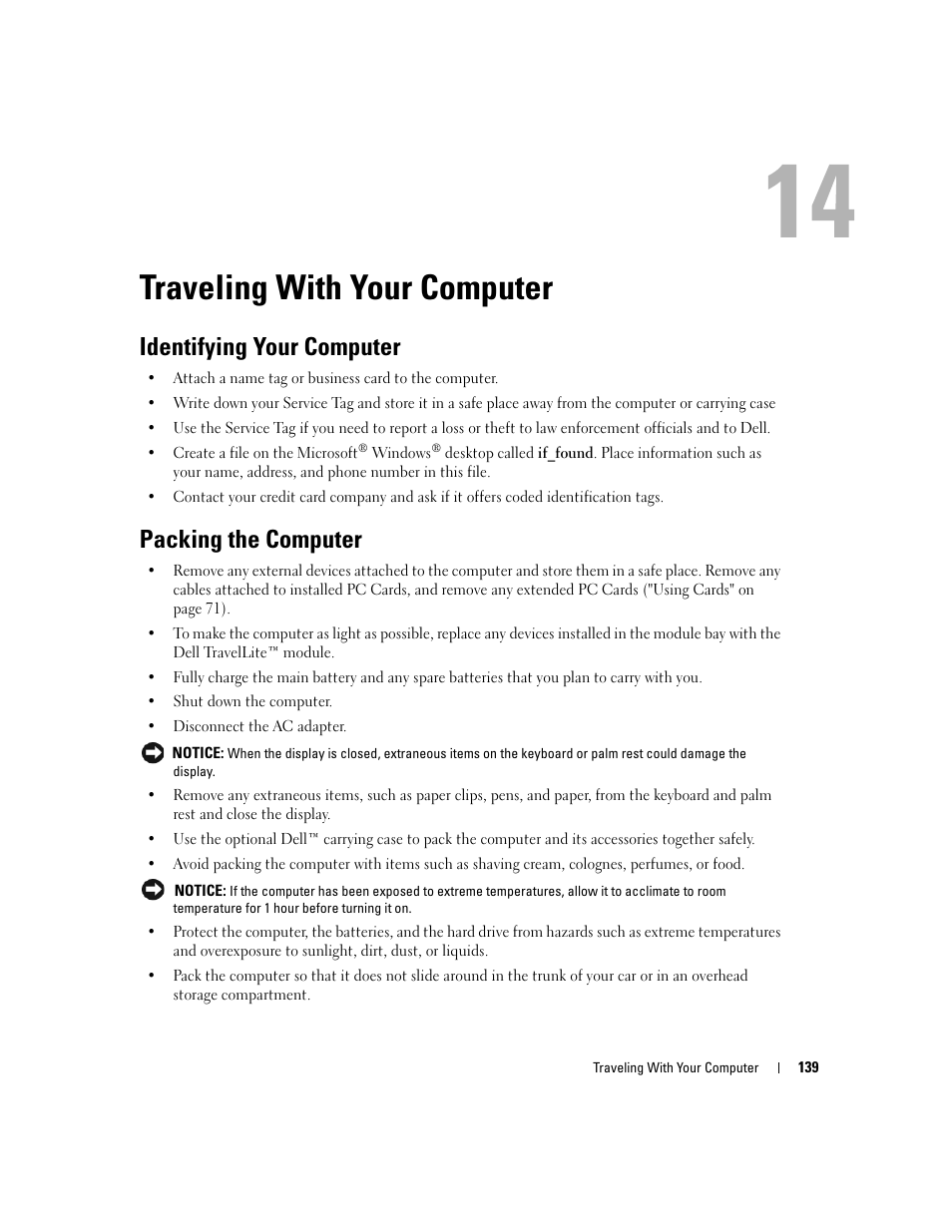 Traveling with your computer, Identifying your computer, Packing the computer | Dell XPS M1210 (MXC062, Mid 2006) User Manual | Page 139 / 192