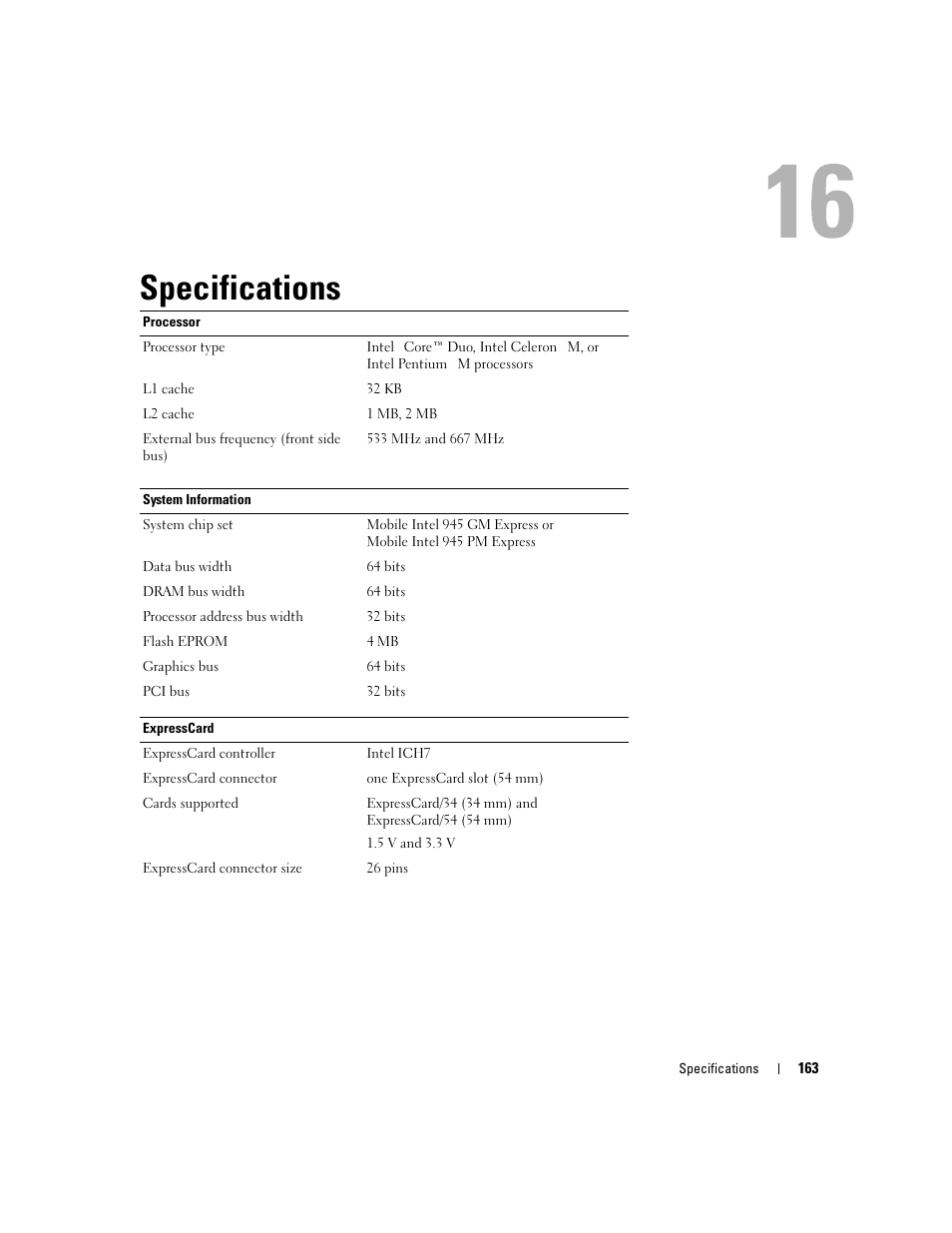 Specifications | Dell XPS M1210 (MXC062, Mid 2006) User Manual | Page 163 / 192