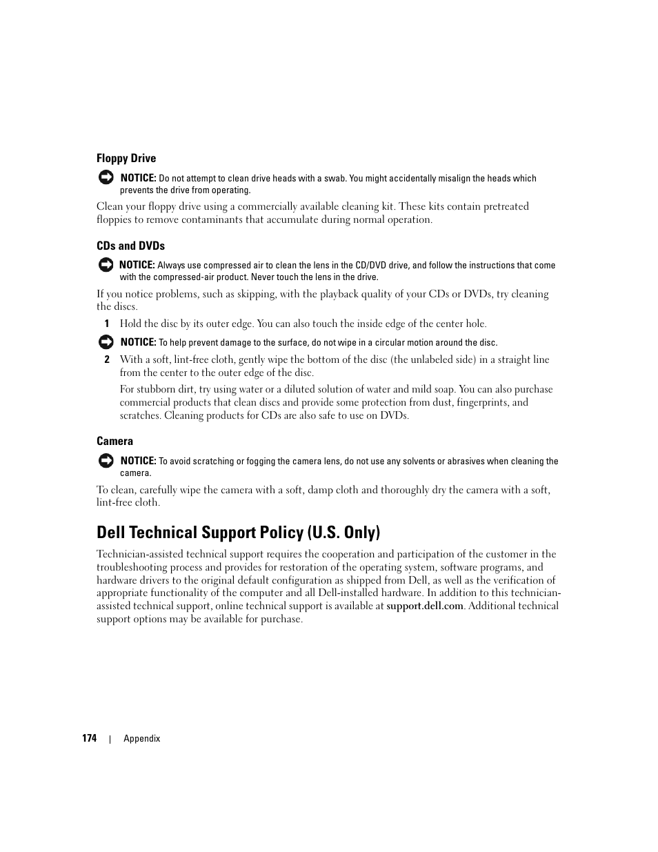 Floppy drive, Cds and dvds, Camera | Dell technical support policy (u.s. only) | Dell XPS M1210 (MXC062, Mid 2006) User Manual | Page 174 / 192