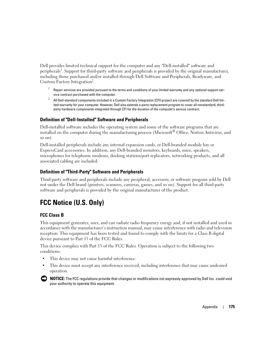 Fcc notice (u.s. only), Fcc class b | Dell XPS M1210 (MXC062, Mid 2006) User Manual | Page 175 / 192