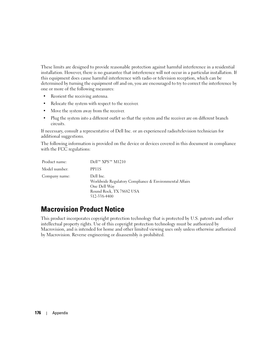 Macrovision product notice | Dell XPS M1210 (MXC062, Mid 2006) User Manual | Page 176 / 192
