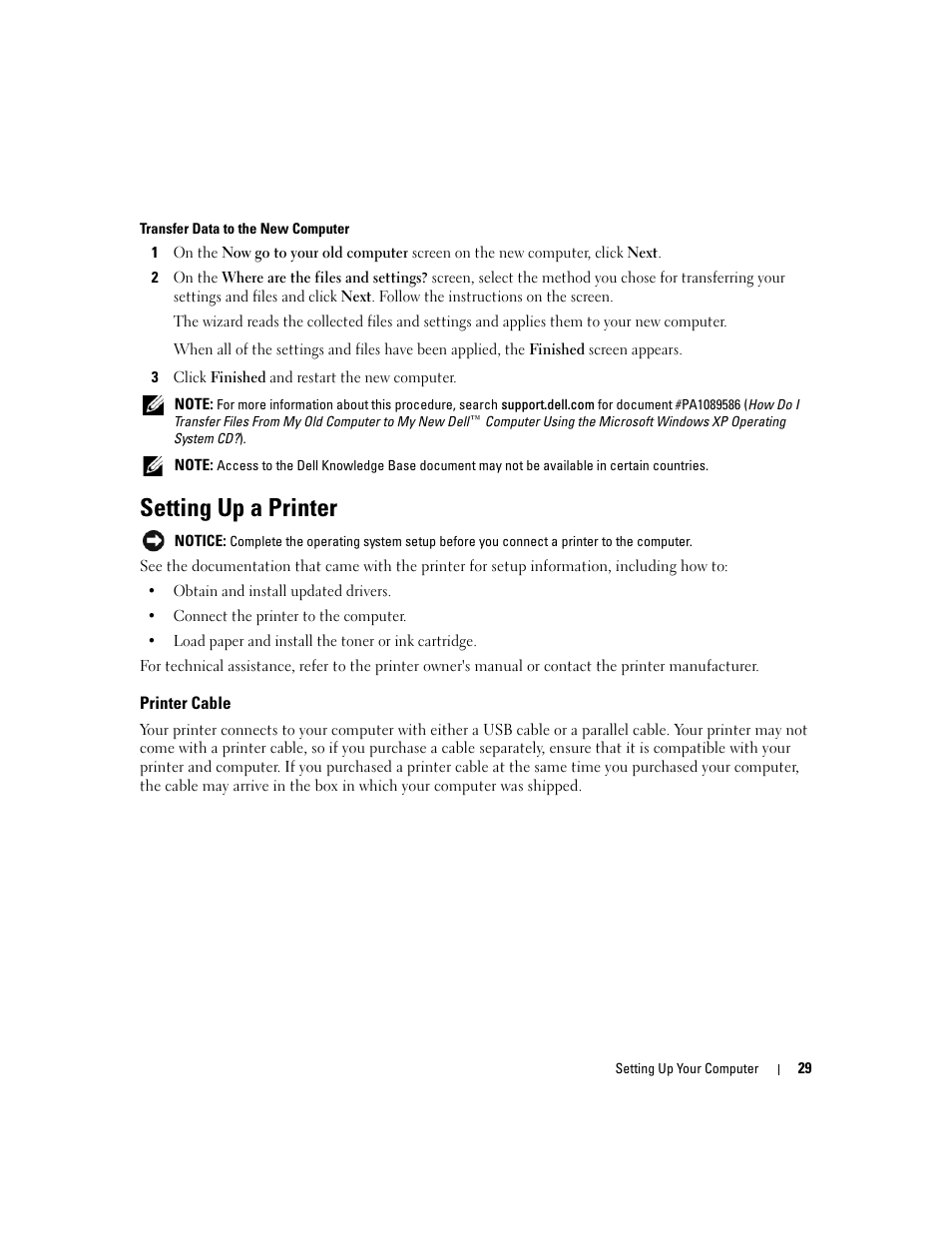 Setting up a printer, Printer cable | Dell XPS M1210 (MXC062, Mid 2006) User Manual | Page 29 / 192