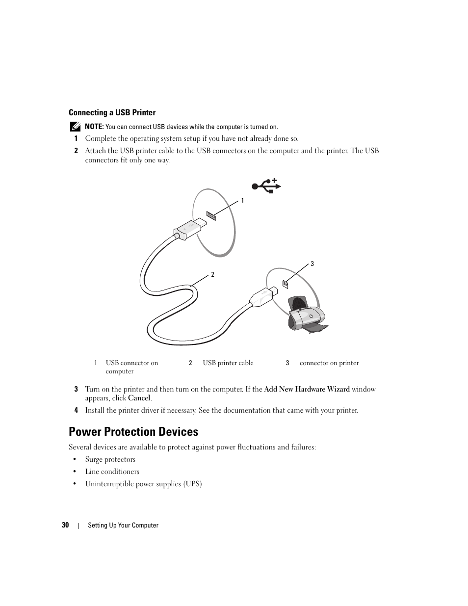 Connecting a usb printer, Power protection devices | Dell XPS M1210 (MXC062, Mid 2006) User Manual | Page 30 / 192