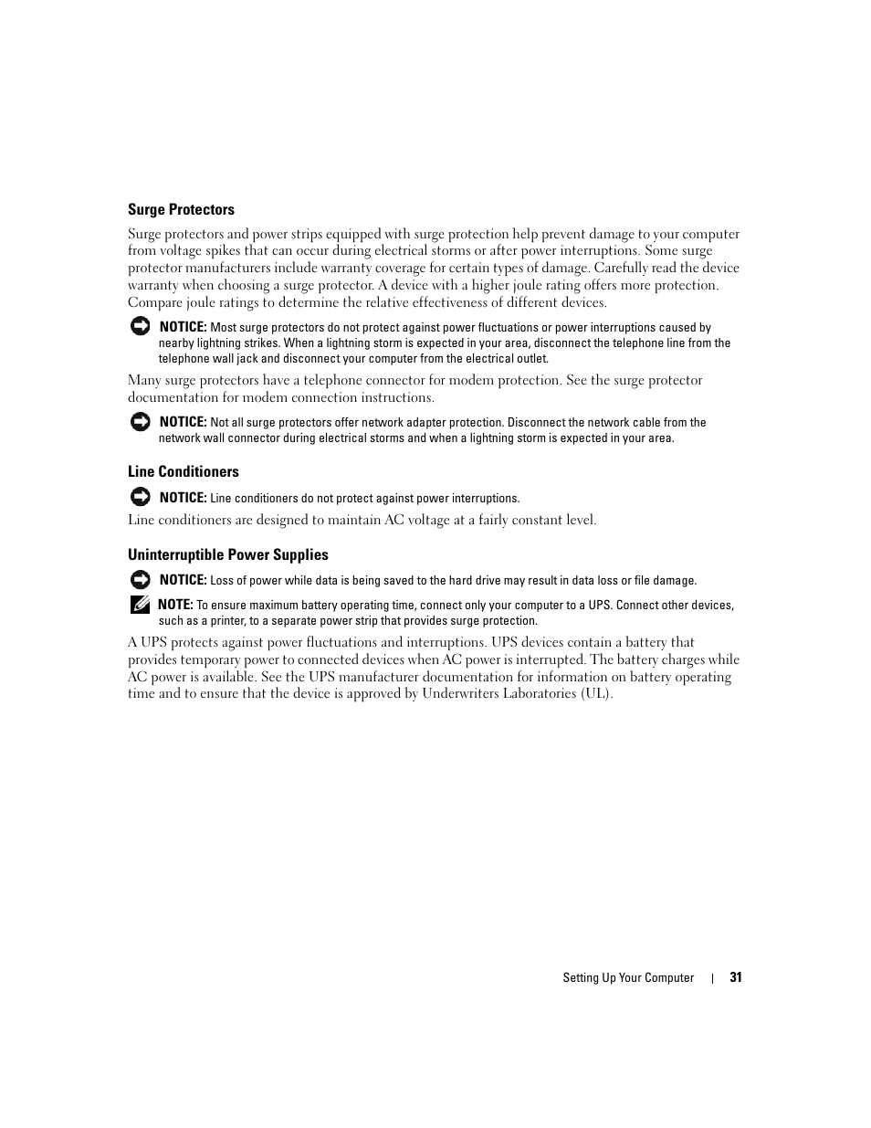 Surge protectors, Line conditioners, Uninterruptible power supplies | Dell XPS M1210 (MXC062, Mid 2006) User Manual | Page 31 / 192
