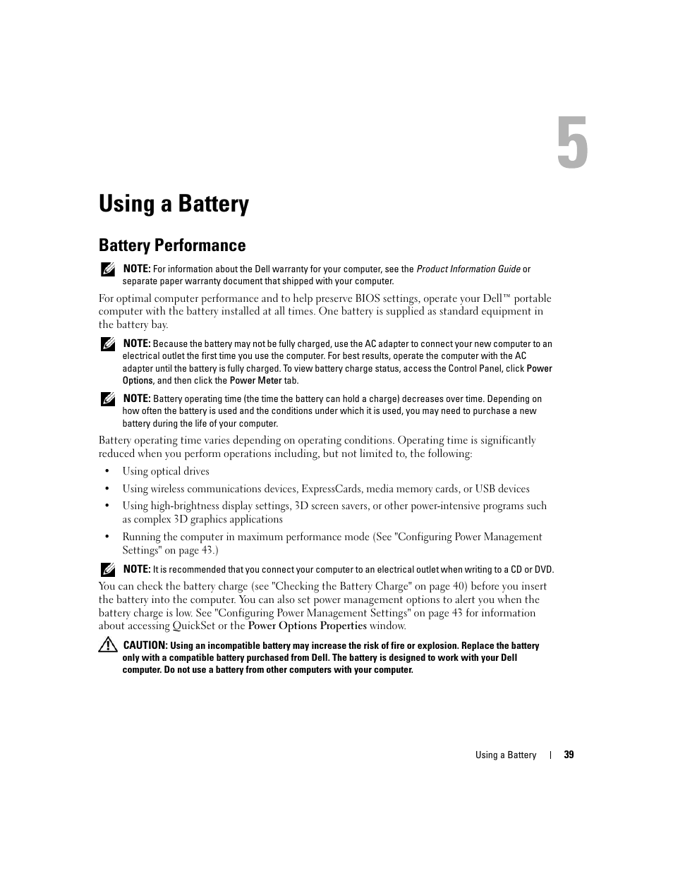 Using a battery, Battery performance | Dell XPS M1210 (MXC062, Mid 2006) User Manual | Page 39 / 192