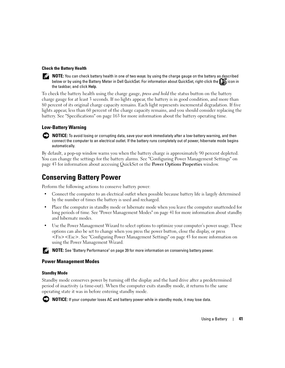 Low-battery warning, Conserving battery power, Power management modes | Dell XPS M1210 (MXC062, Mid 2006) User Manual | Page 41 / 192