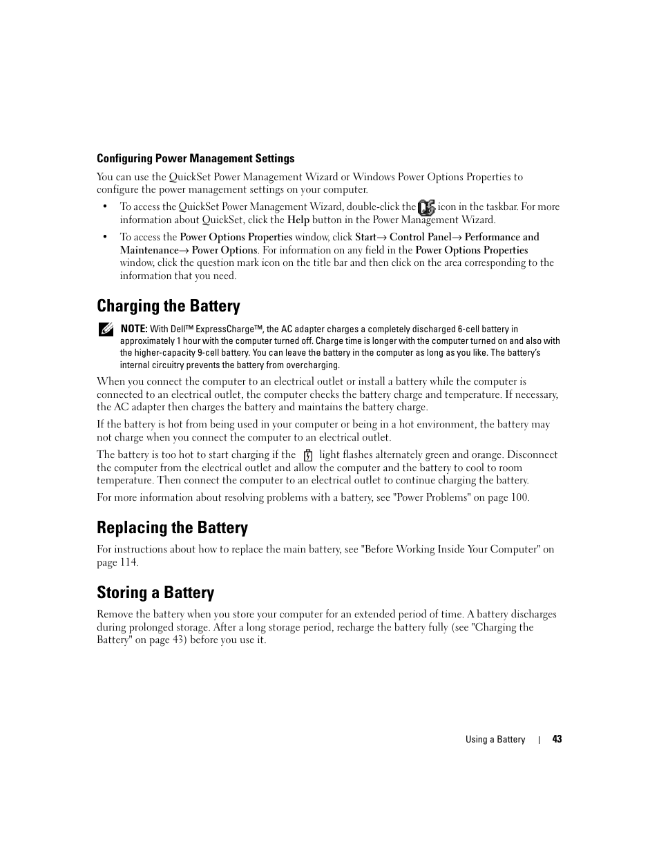 Configuring power management settings, Charging the battery, Replacing the battery | Storing a battery | Dell XPS M1210 (MXC062, Mid 2006) User Manual | Page 43 / 192