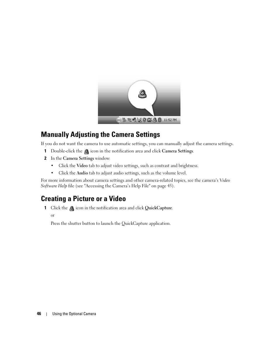 Manually adjusting the camera settings, Creating a picture or a video | Dell XPS M1210 (MXC062, Mid 2006) User Manual | Page 46 / 192