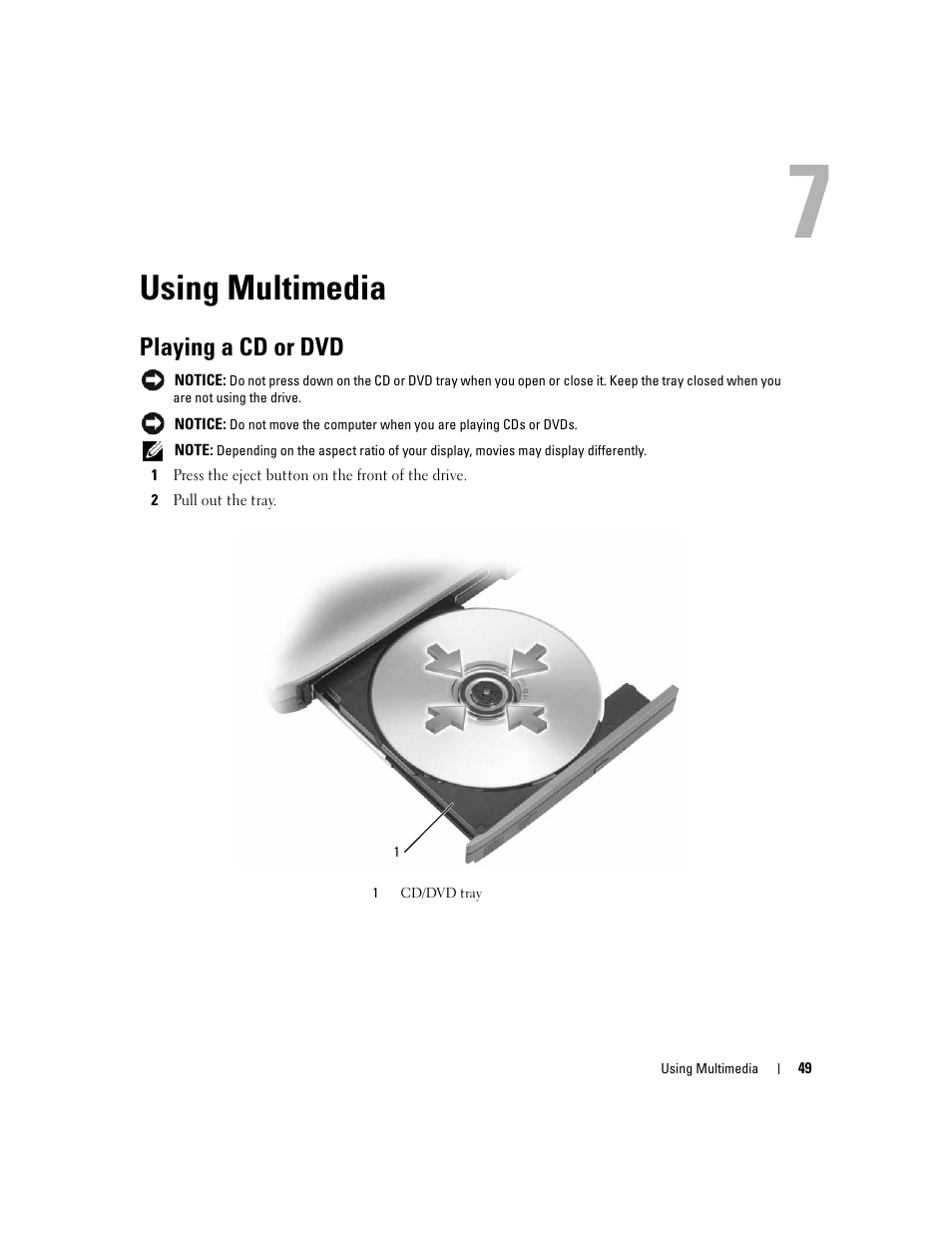 Using multimedia, Playing a cd or dvd | Dell XPS M1210 (MXC062, Mid 2006) User Manual | Page 49 / 192