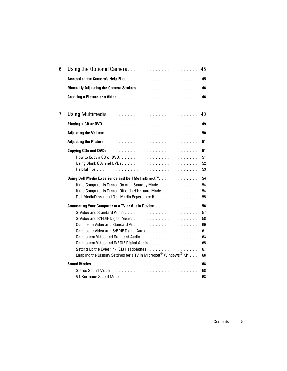 6using the optional camera, 7using multimedia | Dell XPS M1210 (MXC062, Mid 2006) User Manual | Page 5 / 192