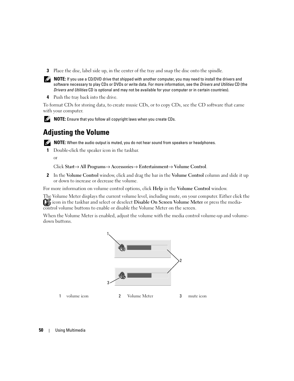 Adjusting the volume | Dell XPS M1210 (MXC062, Mid 2006) User Manual | Page 50 / 192