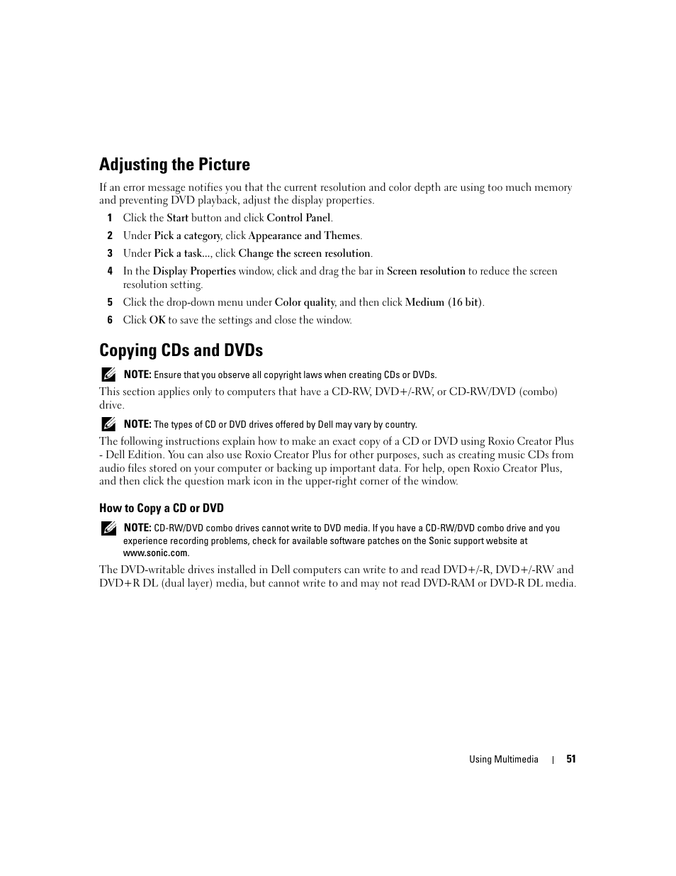 Adjusting the picture, Copying cds and dvds, How to copy a cd or dvd | Dell XPS M1210 (MXC062, Mid 2006) User Manual | Page 51 / 192