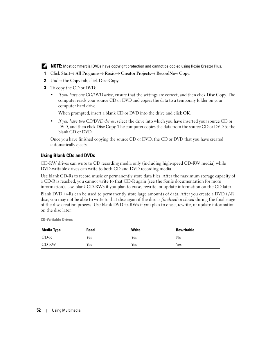 Using blank cds and dvds | Dell XPS M1210 (MXC062, Mid 2006) User Manual | Page 52 / 192