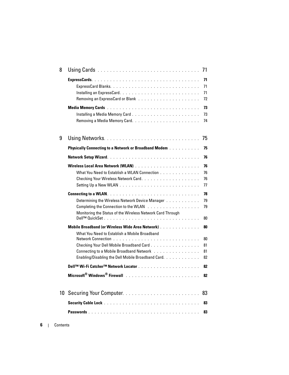 8using cards, 9using networks, 10 securing your computer | Dell XPS M1210 (MXC062, Mid 2006) User Manual | Page 6 / 192