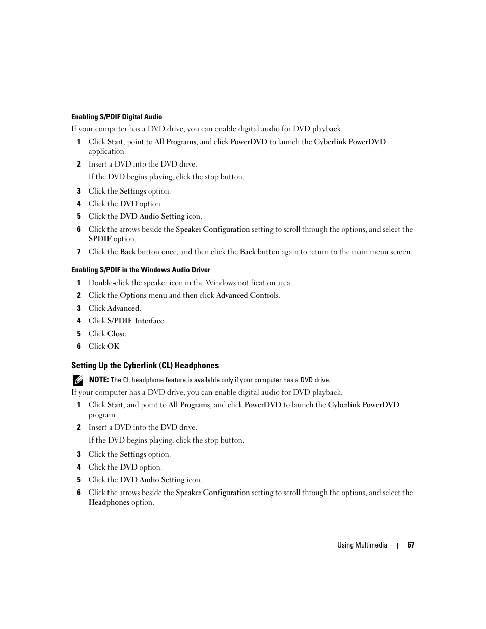 Setting up the cyberlink (cl) headphones | Dell XPS M1210 (MXC062, Mid 2006) User Manual | Page 67 / 192