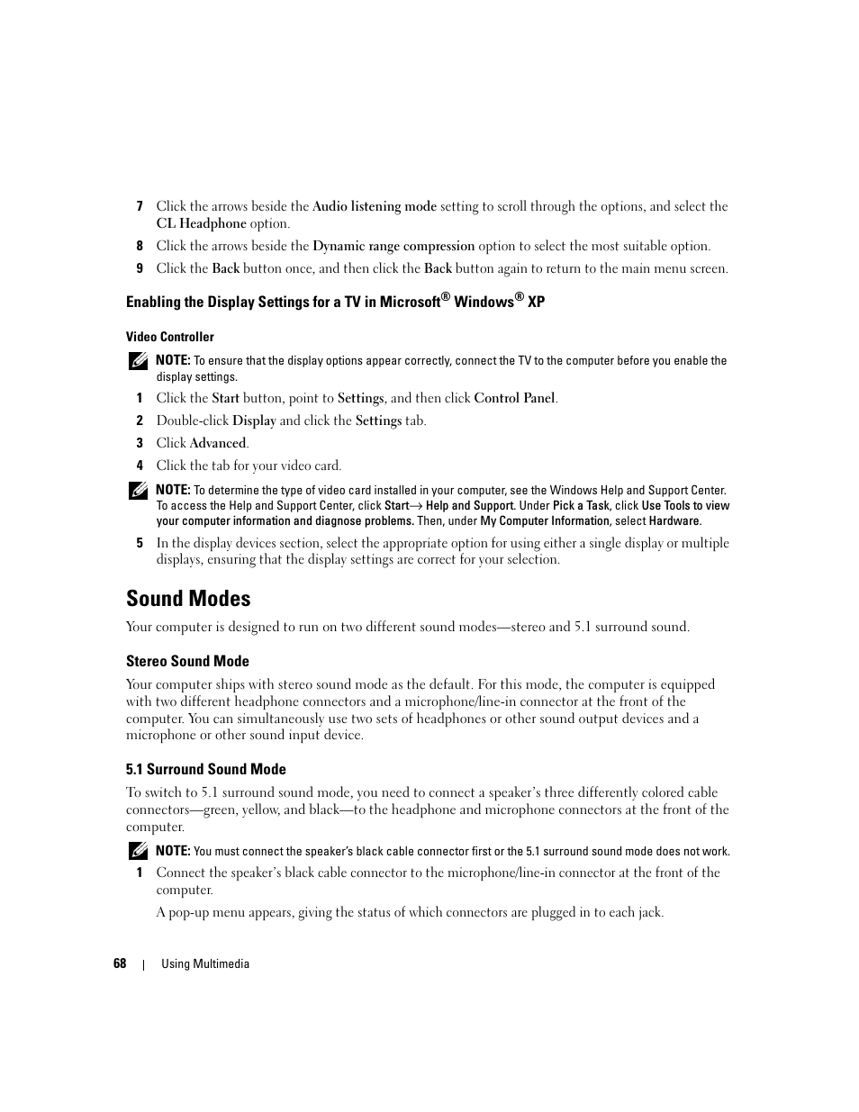 Sound modes, Stereo sound mode, 1 surround sound mode | Windows | Dell XPS M1210 (MXC062, Mid 2006) User Manual | Page 68 / 192