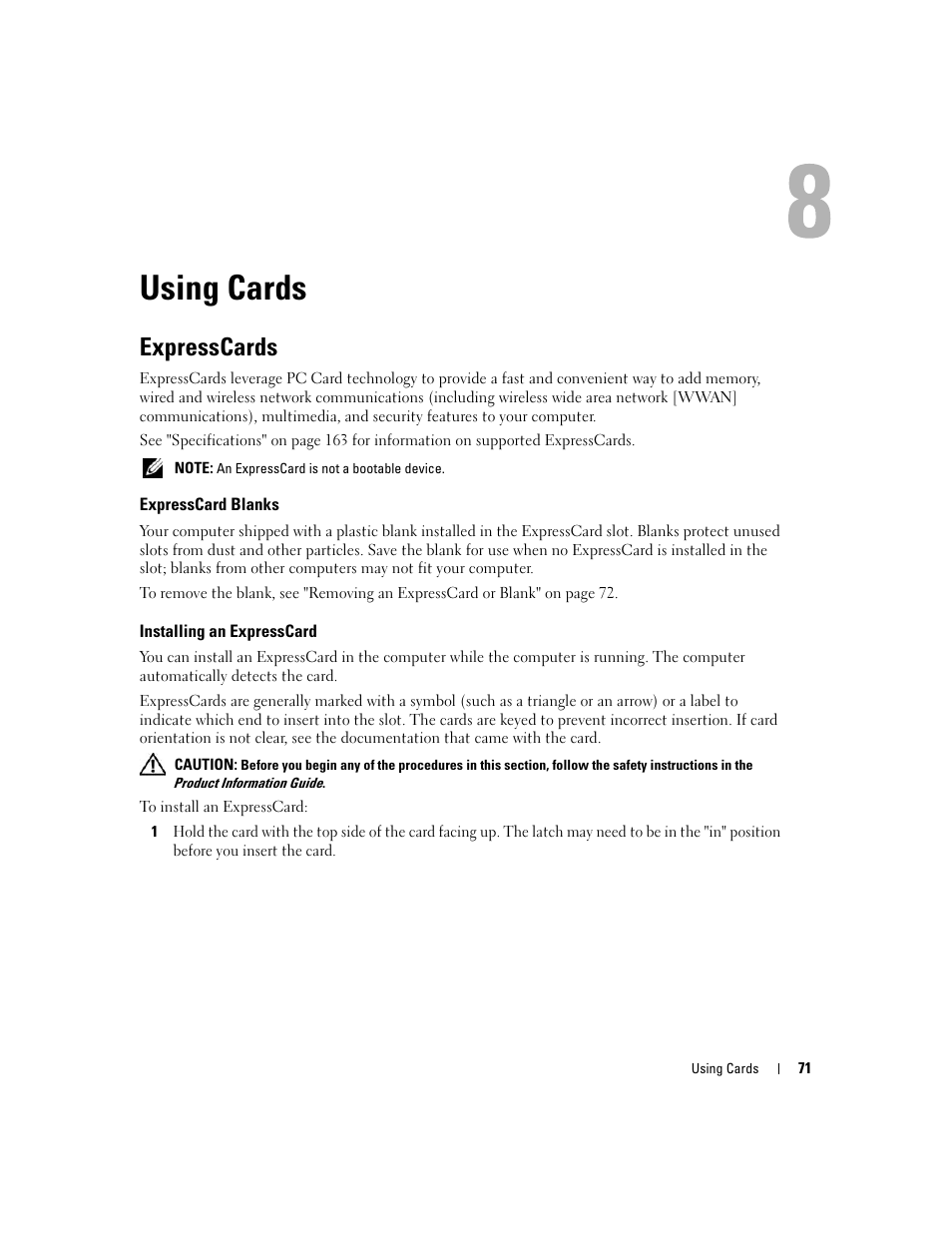 Using cards, Expresscards, Expresscard blanks | Installing an expresscard | Dell XPS M1210 (MXC062, Mid 2006) User Manual | Page 71 / 192