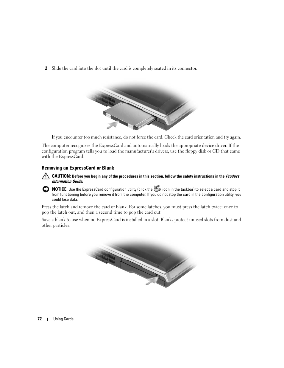 Removing an expresscard or blank | Dell XPS M1210 (MXC062, Mid 2006) User Manual | Page 72 / 192