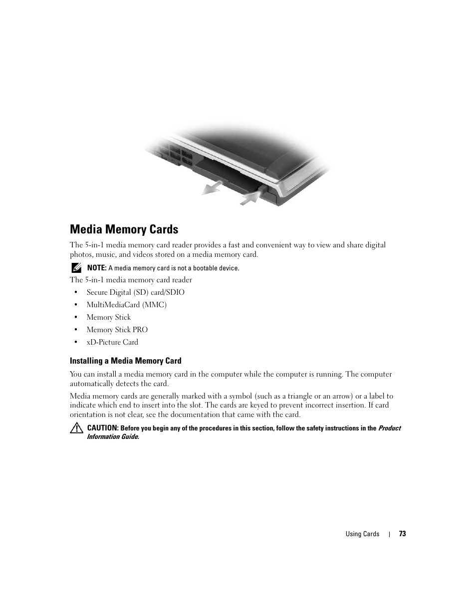 Media memory cards, Installing a media memory card | Dell XPS M1210 (MXC062, Mid 2006) User Manual | Page 73 / 192