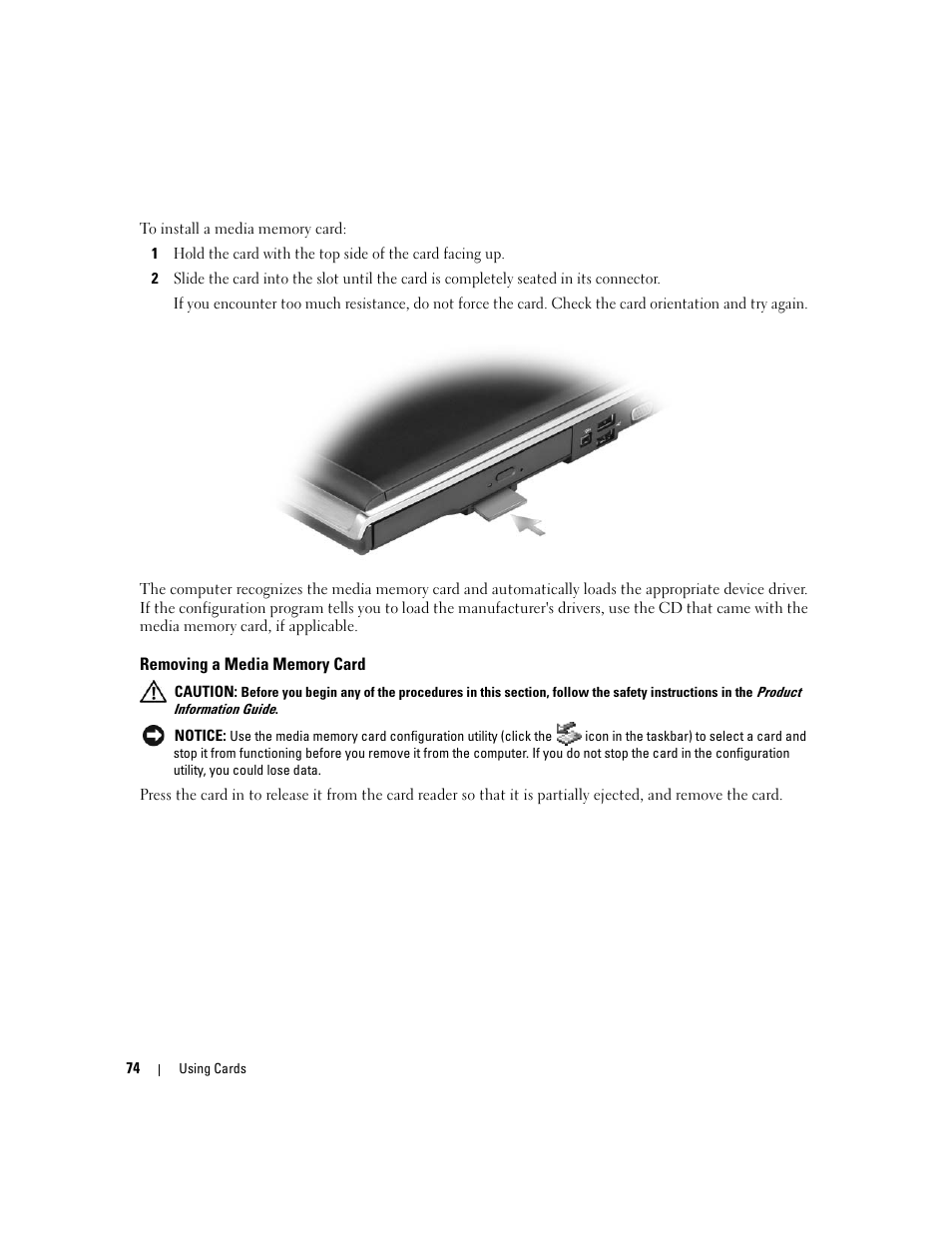 Removing a media memory card | Dell XPS M1210 (MXC062, Mid 2006) User Manual | Page 74 / 192