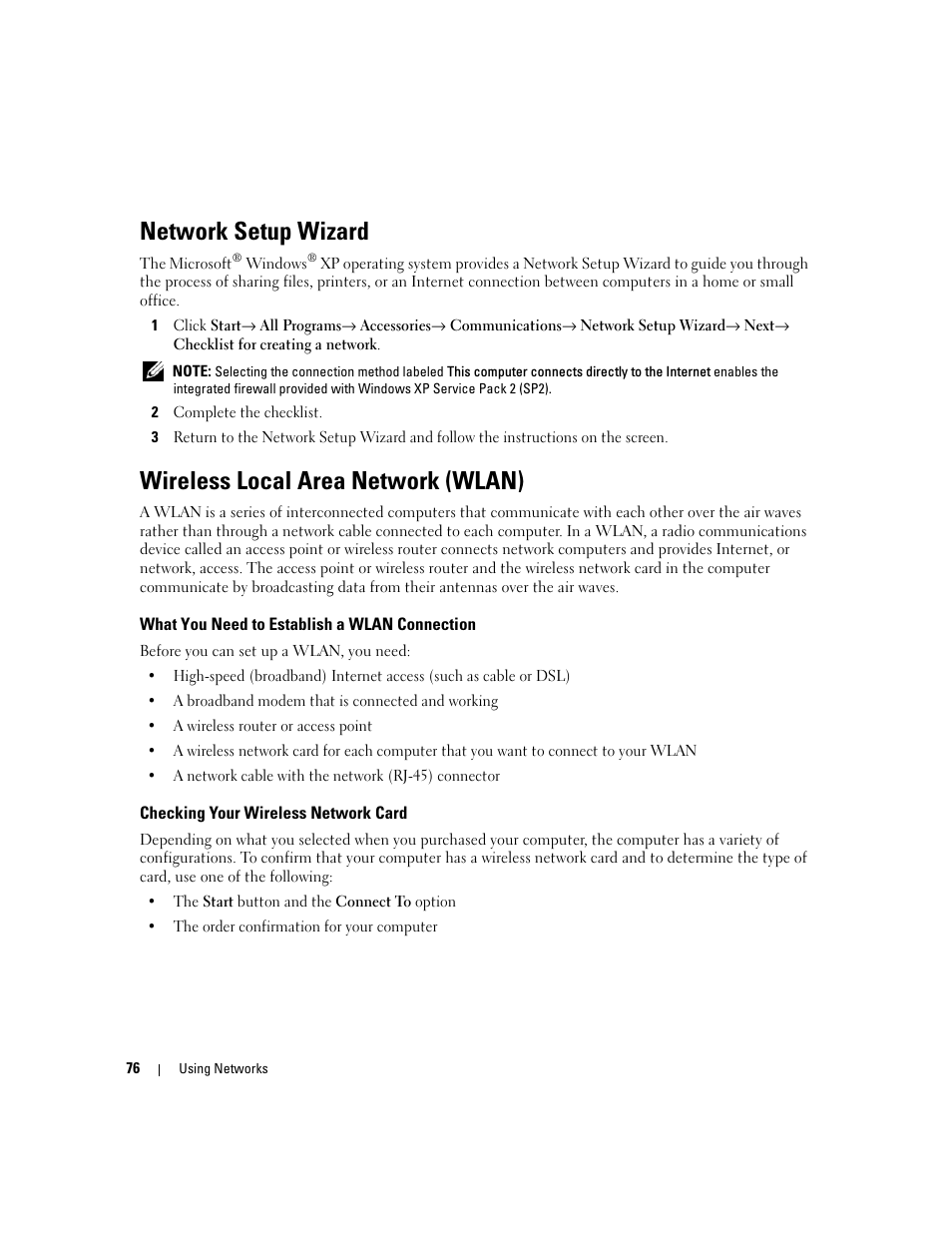 Network setup wizard, Wireless local area network (wlan), What you need to establish a wlan connection | Checking your wireless network card | Dell XPS M1210 (MXC062, Mid 2006) User Manual | Page 76 / 192