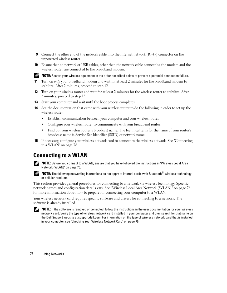 Connecting to a wlan | Dell XPS M1210 (MXC062, Mid 2006) User Manual | Page 78 / 192