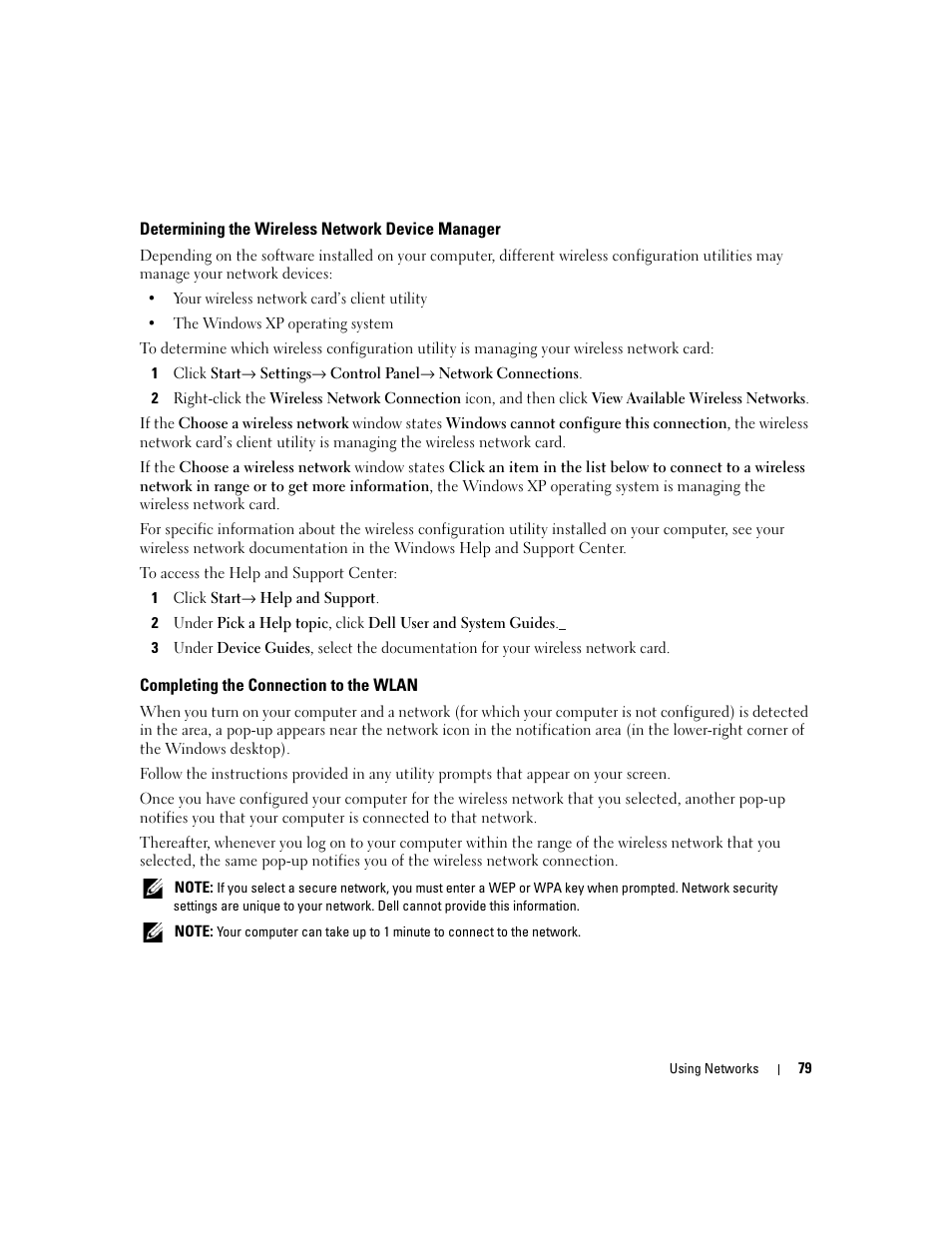 Determining the wireless network device manager, Completing the connection to the wlan | Dell XPS M1210 (MXC062, Mid 2006) User Manual | Page 79 / 192