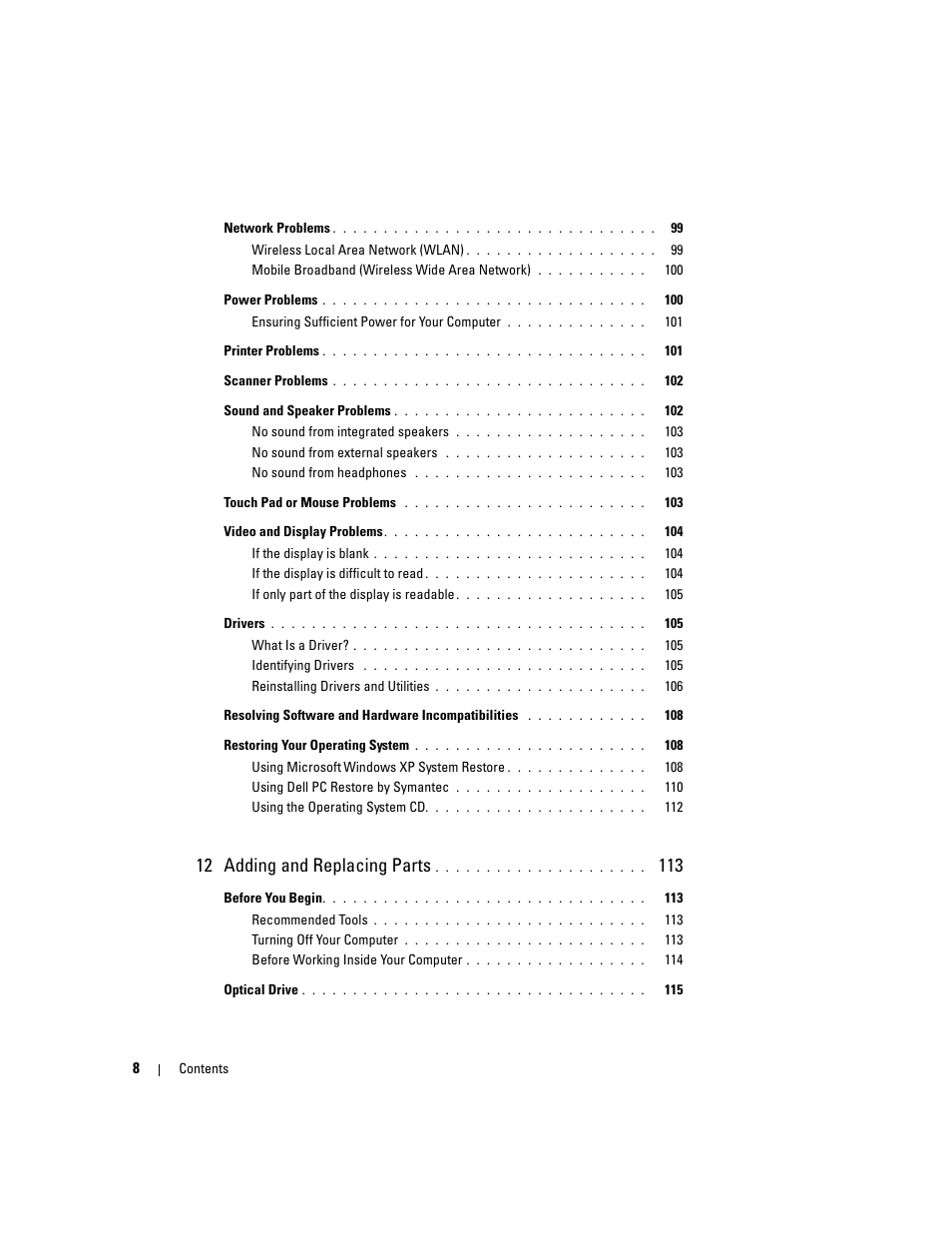 12 adding and replacing parts | Dell XPS M1210 (MXC062, Mid 2006) User Manual | Page 8 / 192