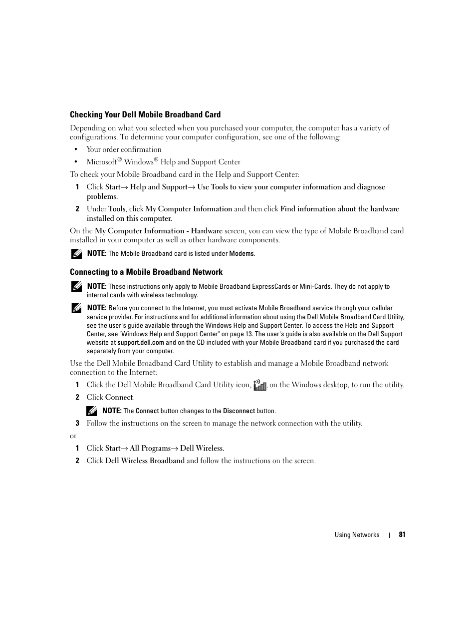 Checking your dell mobile broadband card, Connecting to a mobile broadband network | Dell XPS M1210 (MXC062, Mid 2006) User Manual | Page 81 / 192