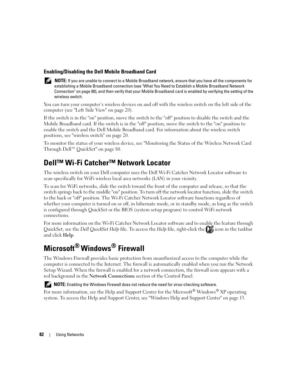 Enabling/disabling the dell mobile broadband card, Dell™ wi-fi catcher™ network locator, Microsoft® windows® firewall | Microsoft, Windows, Firewall | Dell XPS M1210 (MXC062, Mid 2006) User Manual | Page 82 / 192