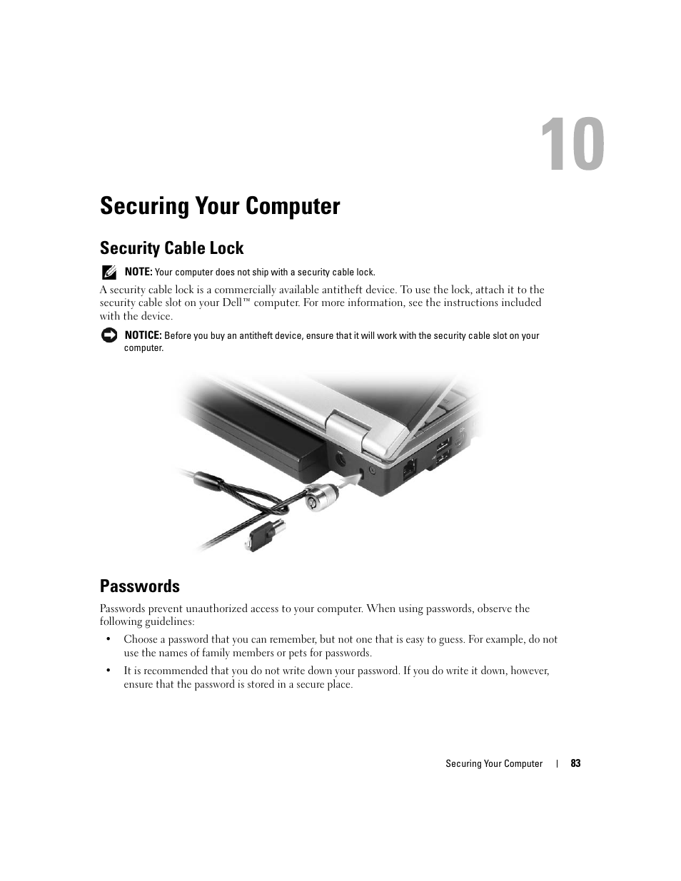 Securing your computer, Security cable lock, Passwords | Dell XPS M1210 (MXC062, Mid 2006) User Manual | Page 83 / 192