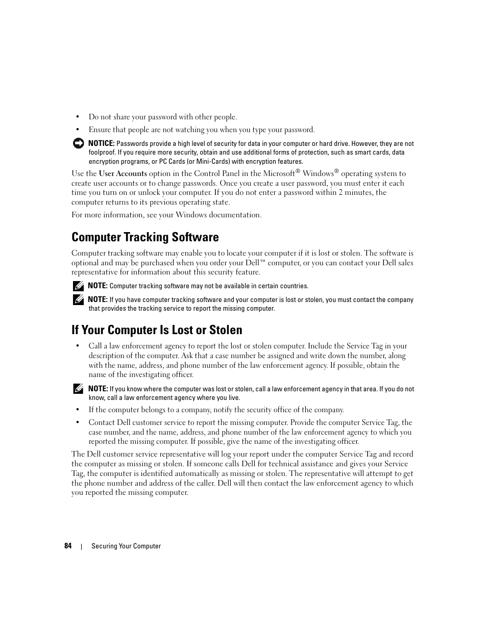 Computer tracking software, If your computer is lost or stolen | Dell XPS M1210 (MXC062, Mid 2006) User Manual | Page 84 / 192