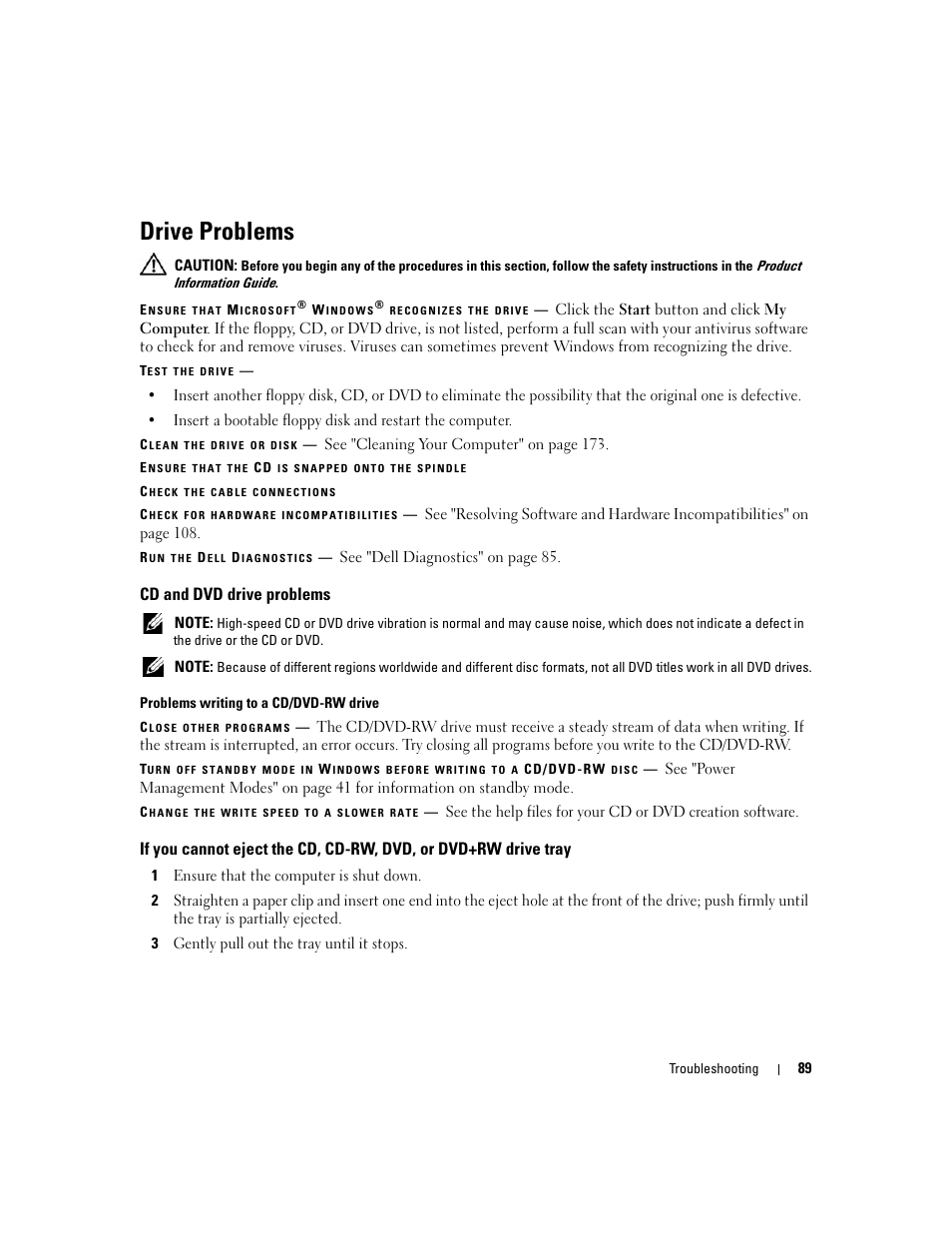 Drive problems, Cd and dvd drive problems | Dell XPS M1210 (MXC062, Mid 2006) User Manual | Page 89 / 192