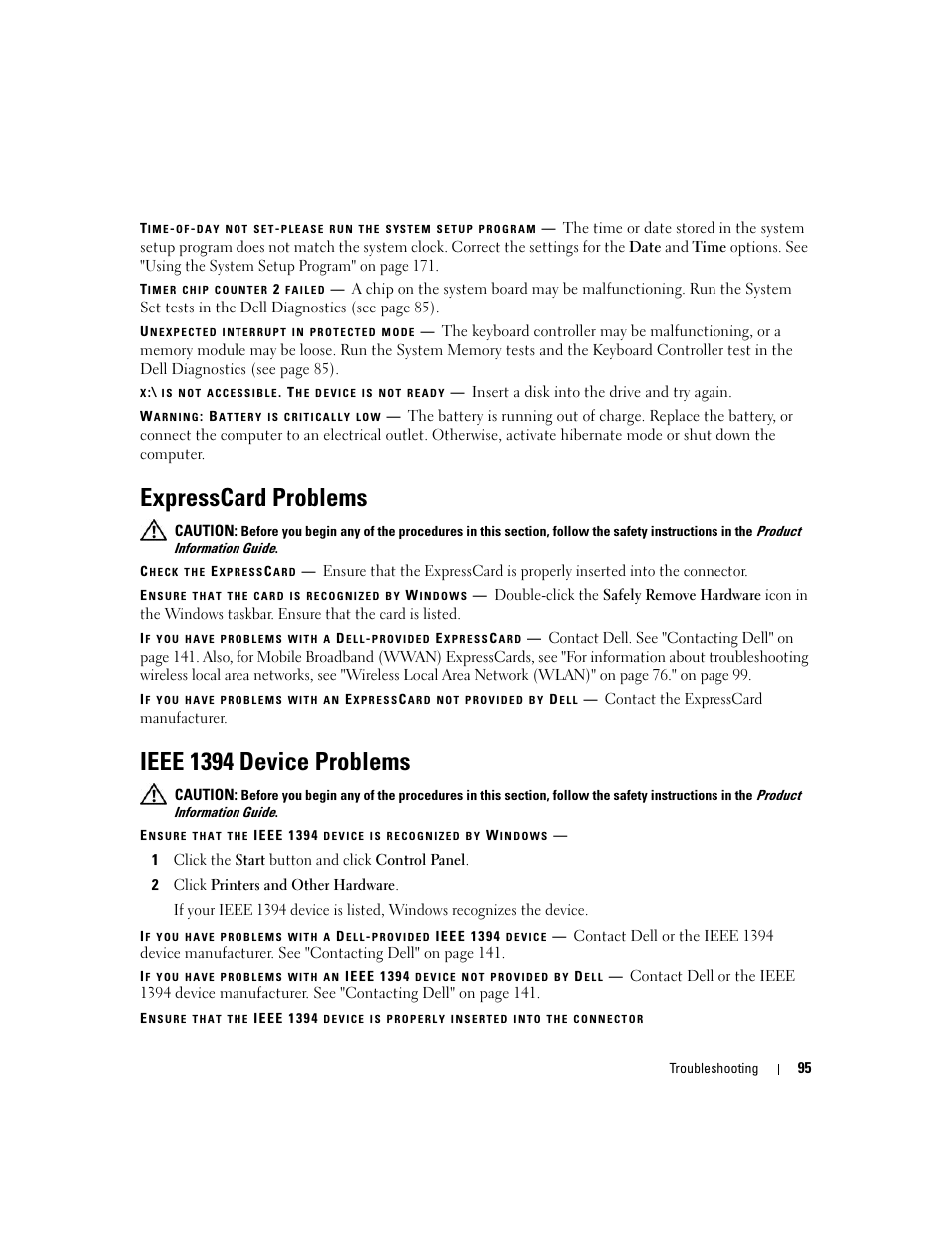 Expresscard problems, Ieee 1394 device problems | Dell XPS M1210 (MXC062, Mid 2006) User Manual | Page 95 / 192