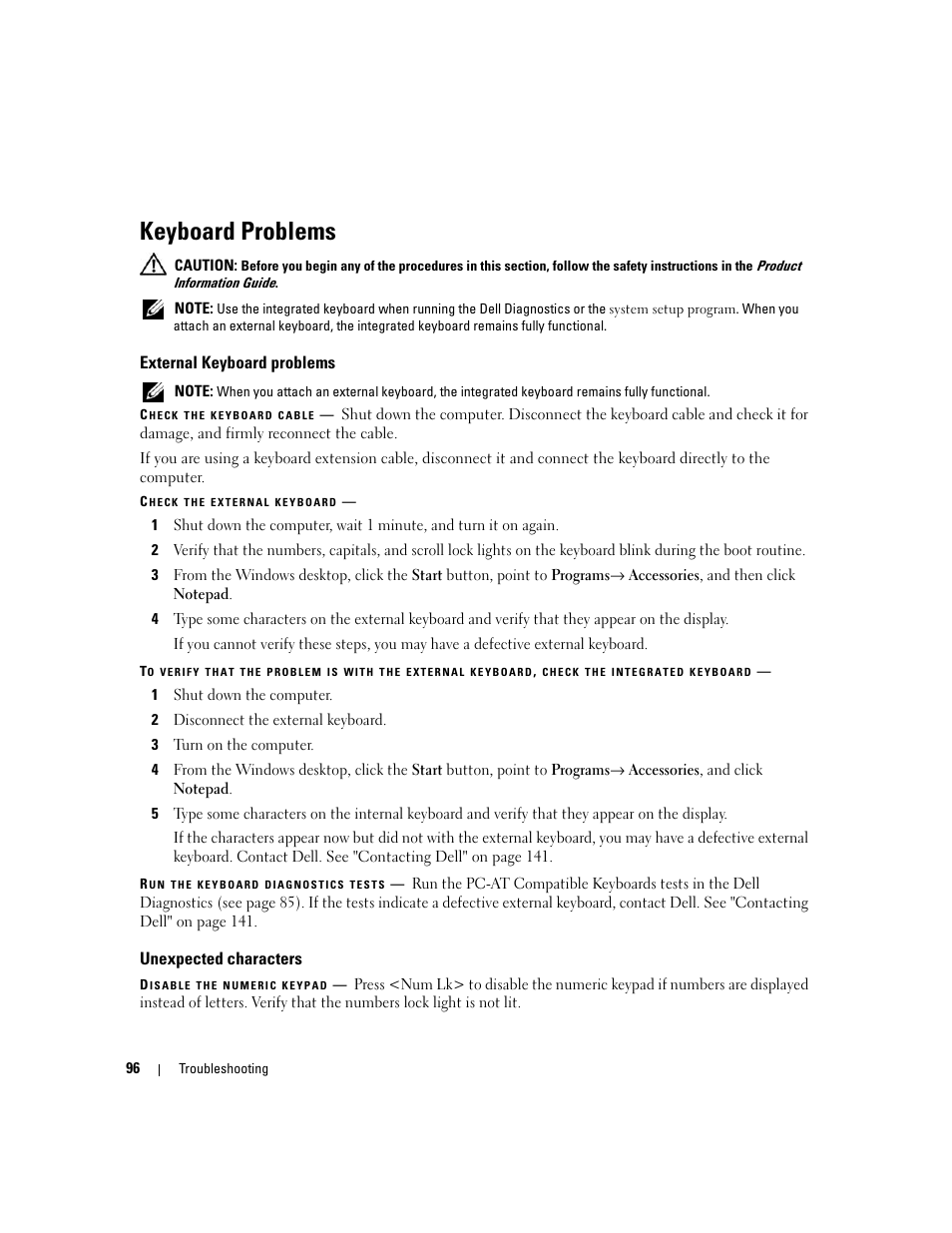 Keyboard problems, External keyboard problems, Unexpected characters | Dell XPS M1210 (MXC062, Mid 2006) User Manual | Page 96 / 192