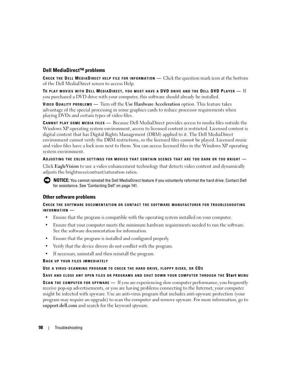 Dell mediadirect™ problems, Other software problems | Dell XPS M1210 (MXC062, Mid 2006) User Manual | Page 98 / 192