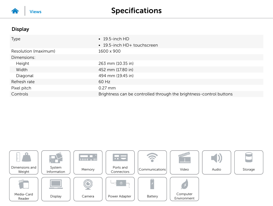 Display, Specifications | Dell Inspiron 20 (3043, Mid 2014) User Manual | Page 15 / 19