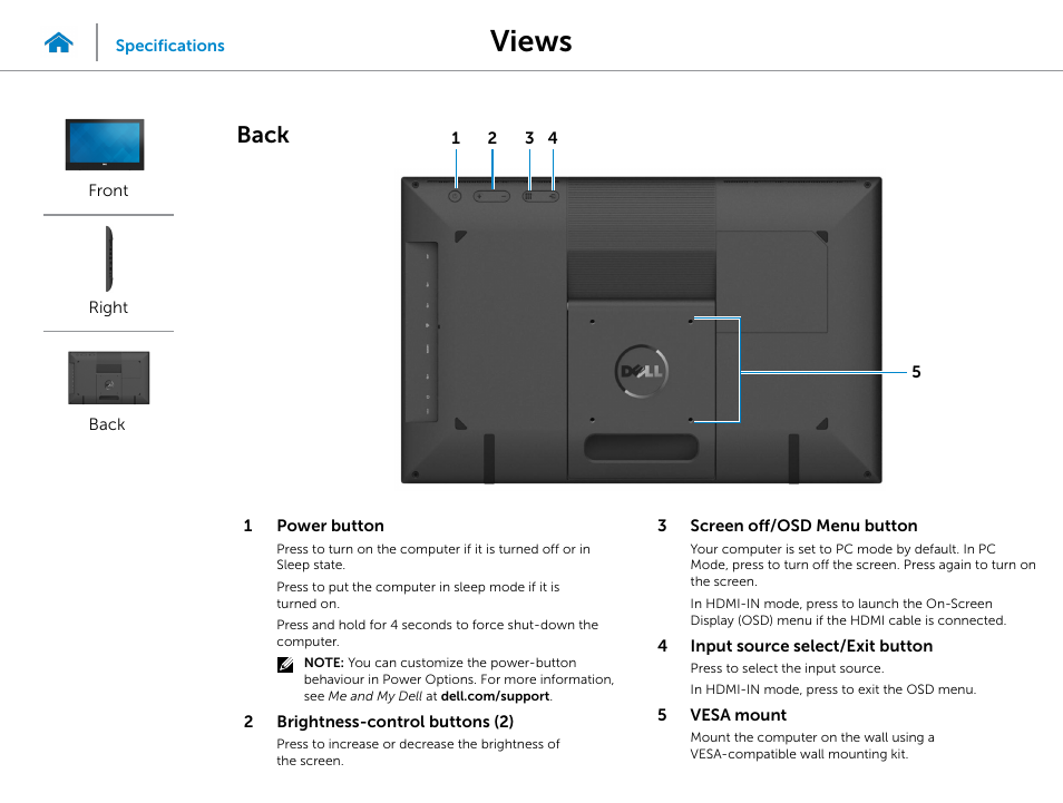 Back, Views | Dell Inspiron 20 (3043, Mid 2014) User Manual | Page 4 / 19