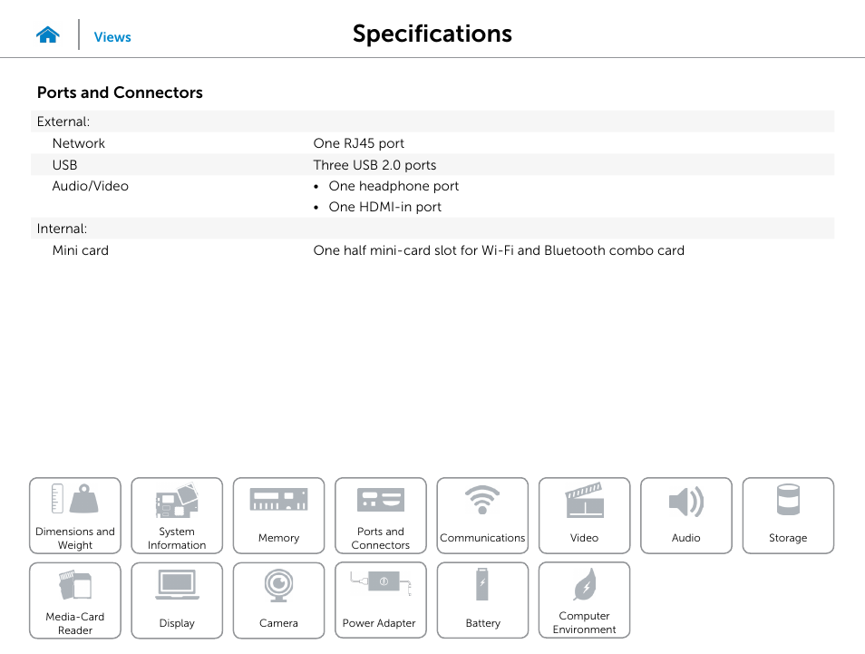 Ports and, Connectors, Specifications | Ports and connectors | Dell Inspiron 20 (3043, Mid 2014) User Manual | Page 9 / 19