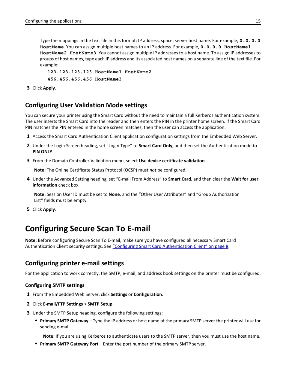 Configuring user validation mode settings, Configuring secure scan to e-mail, Configuring printer e-mail settings | Configuring printer e, Mail settings, Configuring printer e ‑ mail settings | Dell B3460dn Mono Laser Printer User Manual | Page 15 / 52